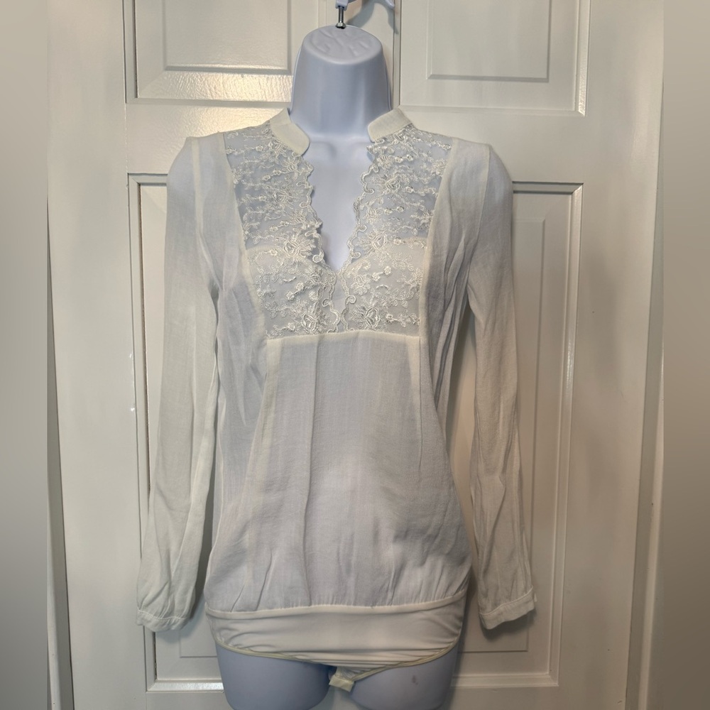 GENEVIE Lace Bodysuit Blouse Light Yellow Size S Sheer Long Sleeve